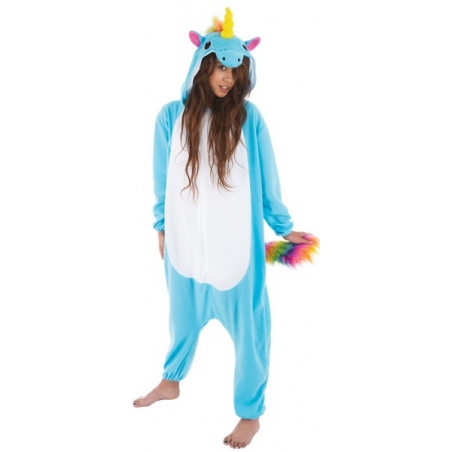 Déguisement licorne bleue femme, kigurumi licorne avec combinaison à capuche