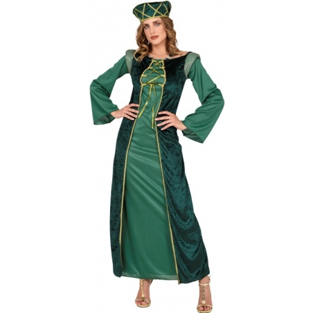 Déguisement de princesse médiévale de couleur vert pour femme avec robe et coiffe