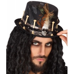 Chapeau de vaudou pour adulte décoré d'ossements et d'une tête de mort à plumes