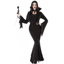 Déguisement Morticia Addams pour femme, longue robe noir au col remontant