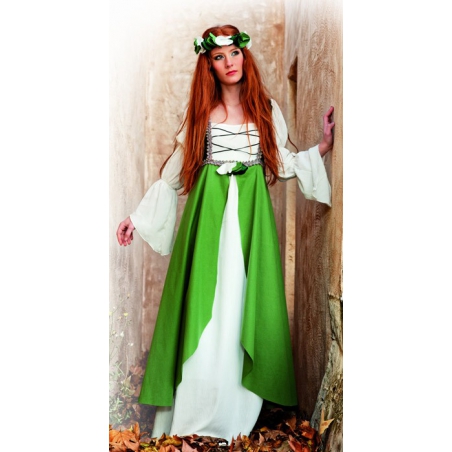 déguisement médiéval femme vert, costume avec robe et couronne de fleurs- costume magie et sorcellerie