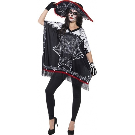 Poncho mexicain jour des morts avec mitaines et chapeau - Day of the dead