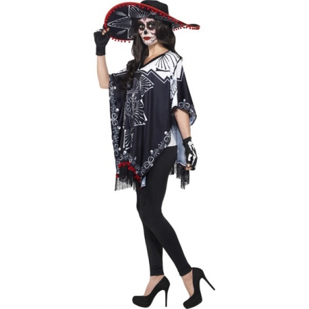 déguisement de mexicaine El dia de los muertos - poncho, mitaines et chapeau déguisement de mexicaine El dia de los muertos - poncho, mitaines et chapeau