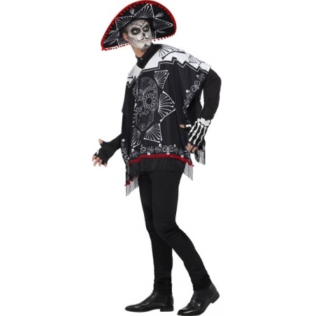 Poncho mexicain jour des morts pour adultes avec mitaines et chapeau