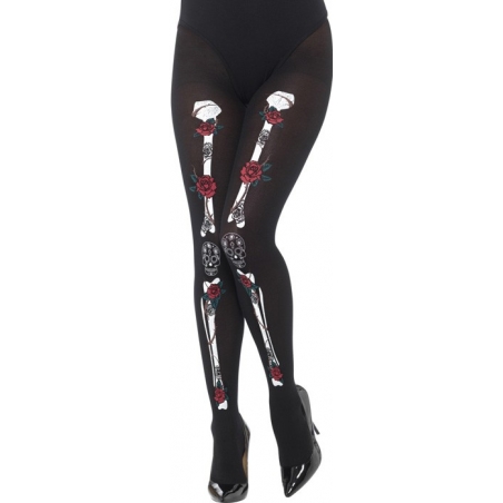 Dia de los muertos, paire de collants avec ossements et roses - collants Halloween