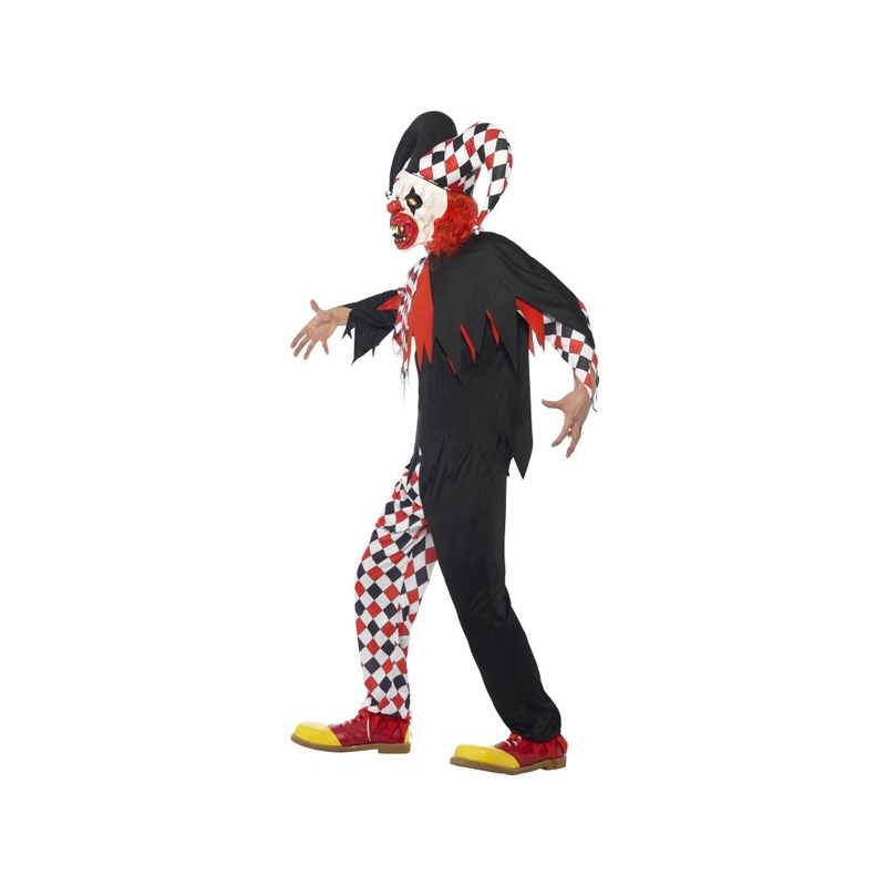 Déguisement de bouffon du mal noir et rouge avec masque et chapeau 