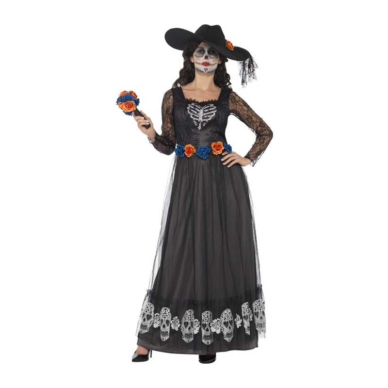 Déguisement de mexicaine halloween, longue robe noire avec chapeau et bouquet et fleurs
