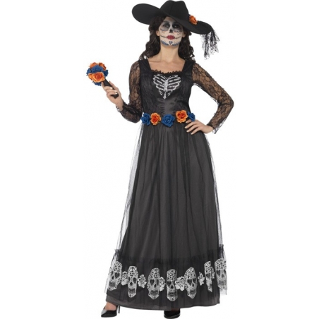 Déguisement de mexicaine halloween, longue robe noire avec chapeau et bouquet et fleurs