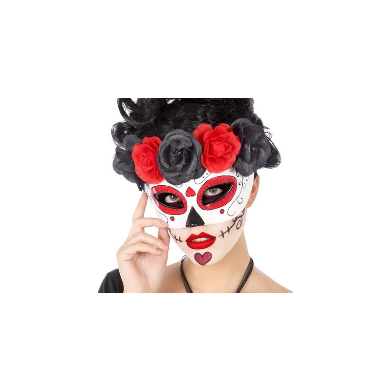Masque mexicain pour femme décoré de roses rouges et noires