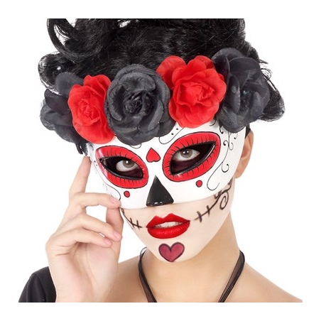 Masque mexicain pour femme décoré de roses rouges et noires Masque mexicain pour femme décoré de roses rouges et noires