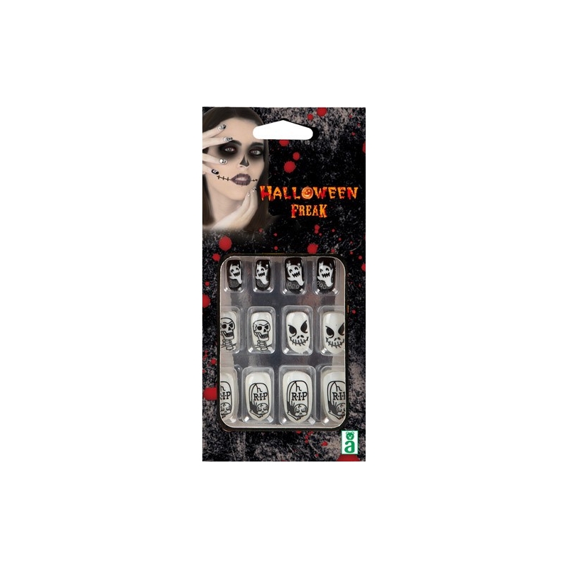 Set de faux ongles halloween noirs et blancs, motifs RIP, squelette et fantôme
