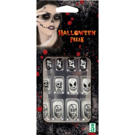 Set de faux ongles halloween noirs et blancs, motifs RIP, squelette et fantôme