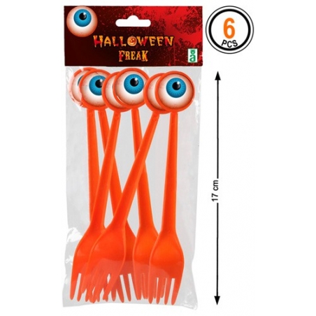 Sachet de 6 fourchettes halloween oeil, vaisselle jetable halloween 