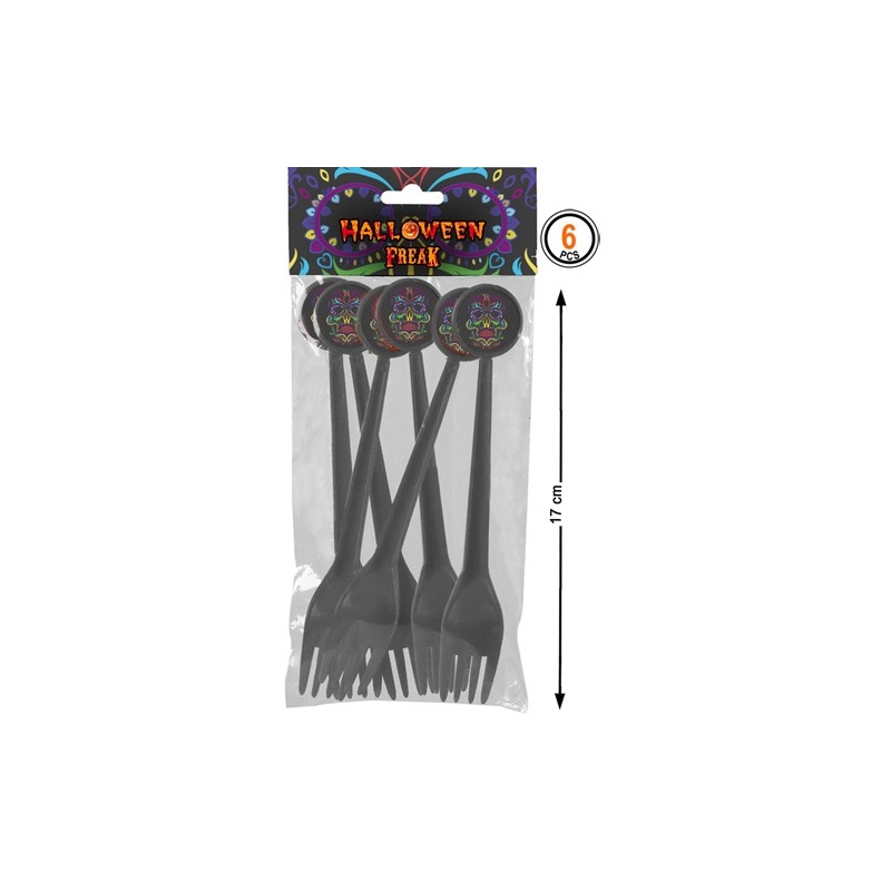 Sachet de 6 fourchettes noires, halloween mexicain "Day of the dead"