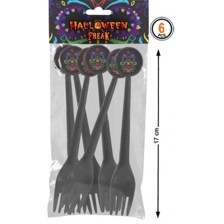 Sachet de 6 fourchettes noires, halloween mexicain "Day of the dead"