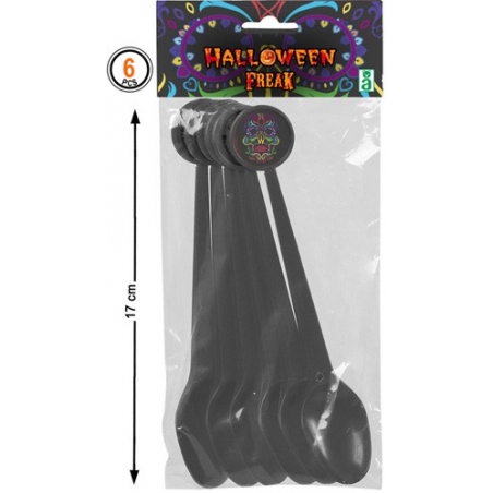 Sachet de 6 cuillères noires en plastique - Vaisselle jetable halloween "day of the dead"