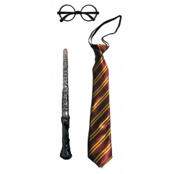 kit d'accessoires apprenti sorcier avec baguette, cravate et lunettes rondes
