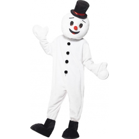 Mascotte bonhomme de neige pour adulte combinaison avec gants et surbottes, tête de mascotte