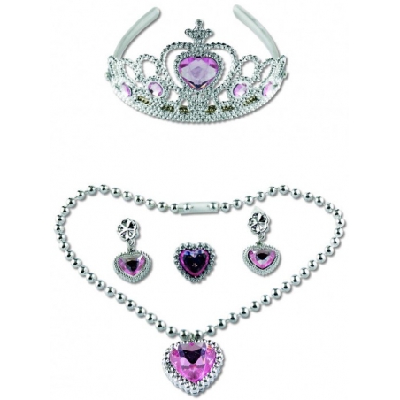 Panoplie de princesse avec couronne, collier, bague et boucles d'oreilles décorés de cœurs roses clair