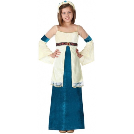 déguisement de dame médiévale bleue pour fille de 3 à 12 ans, robe médiévale et couronne