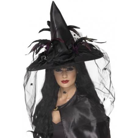 Chapeau de sorcière luxe noir avec araignées