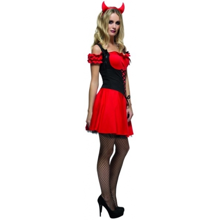 Diablesse sexy halloween, robe rouge et noire avec jupon et cornes