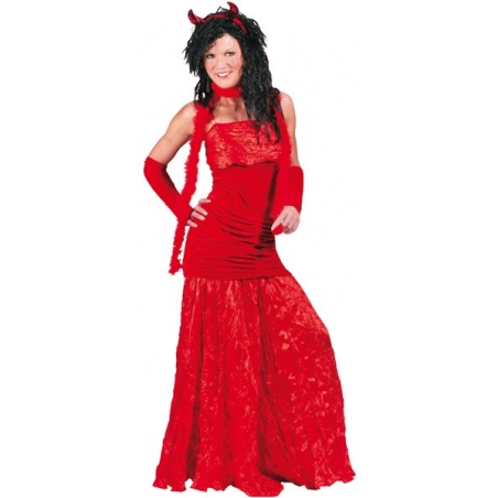 Déguisement de diablesse pour femme, longue robe rouge et paire de gants assortis