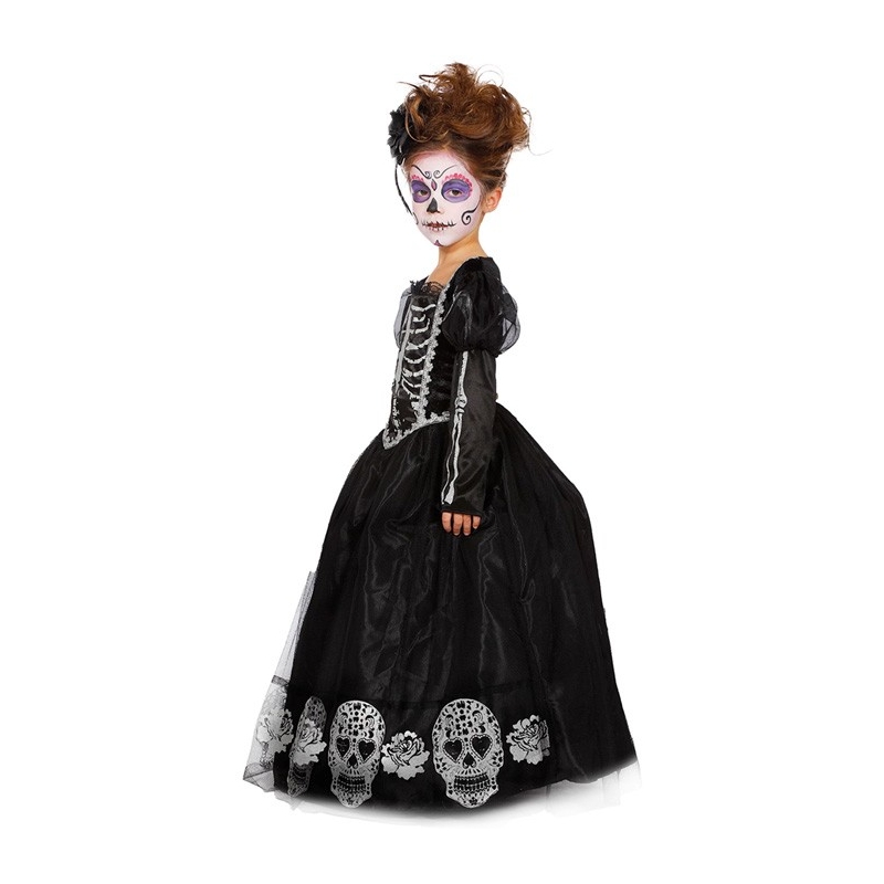 Déguisement de princesse squelette "Day of the dead" pour fille, longue robe avec cerceau décorée de têtes de morts