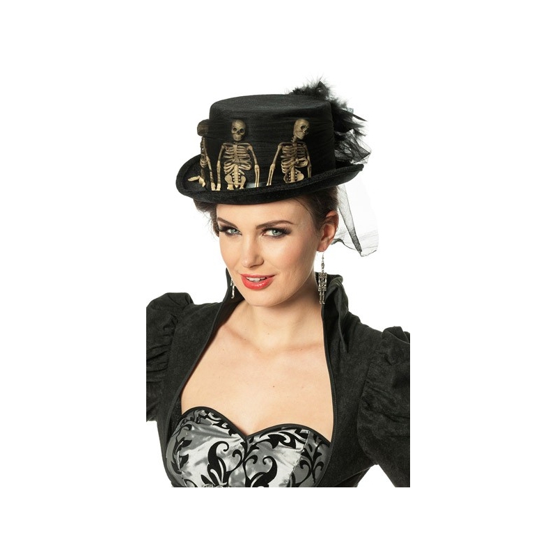Chapeau squelette, un haut de forme noir décoré de squelettes avec voile et plumes