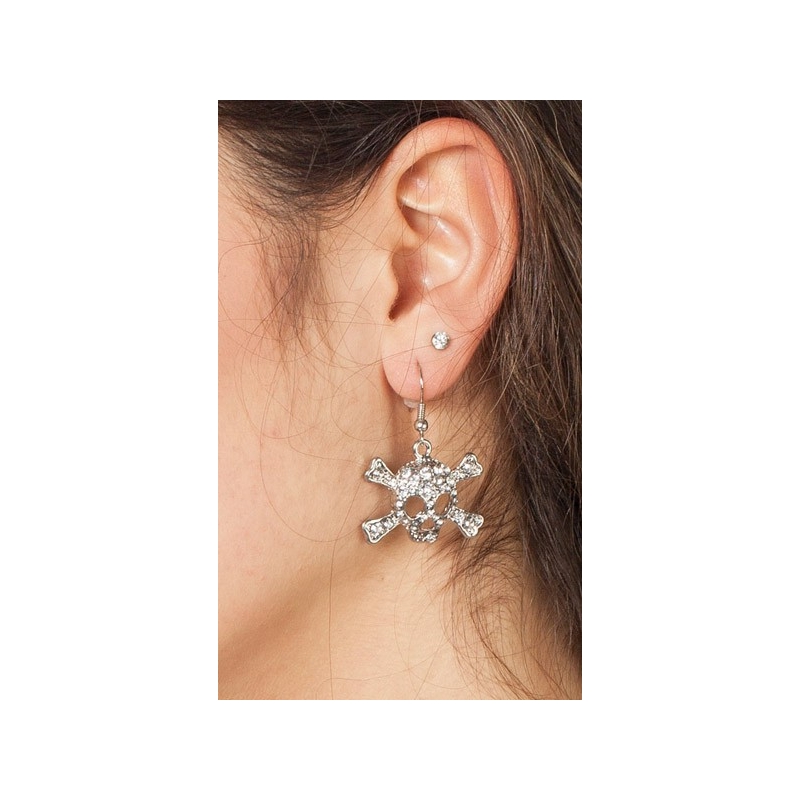 Boucles d'oreilles avec tête de mort en strass, accessoirisez tous vos déguisements de pirates ou d'halloween