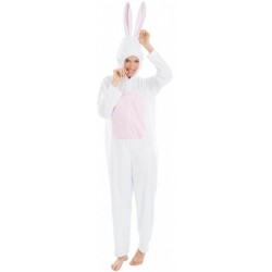 déguisement de lapin blanc porté par une femme, combinaison blanche et rose à capuche