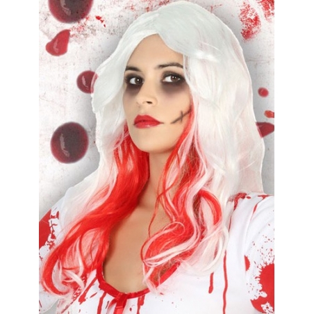 Perruque blanche avec du sang idéale pour vos déguisement d'infirmière ou de mariée d'halloween