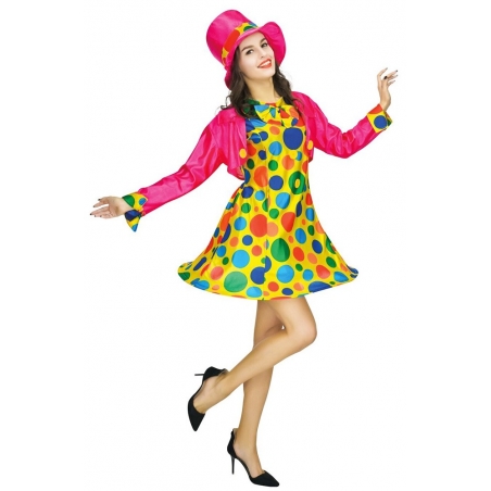 Déguisement de clown pour femme, robe multicolore avec cerceau, veste et chapeau Déguisement de clown pour femme, robe multicolore avec cerceau, veste et chapeau