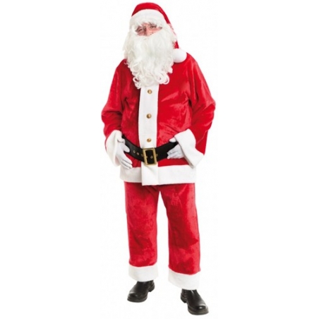 Déguisement de Père Noël Américain de bonne qualité en matière peluche avec pantalon, veste, ceinture et bonnet
