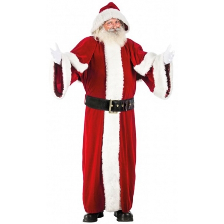 Costume de Père Noël de très haute qualité, modèle Européen avec long manteau à capuche et ceinture