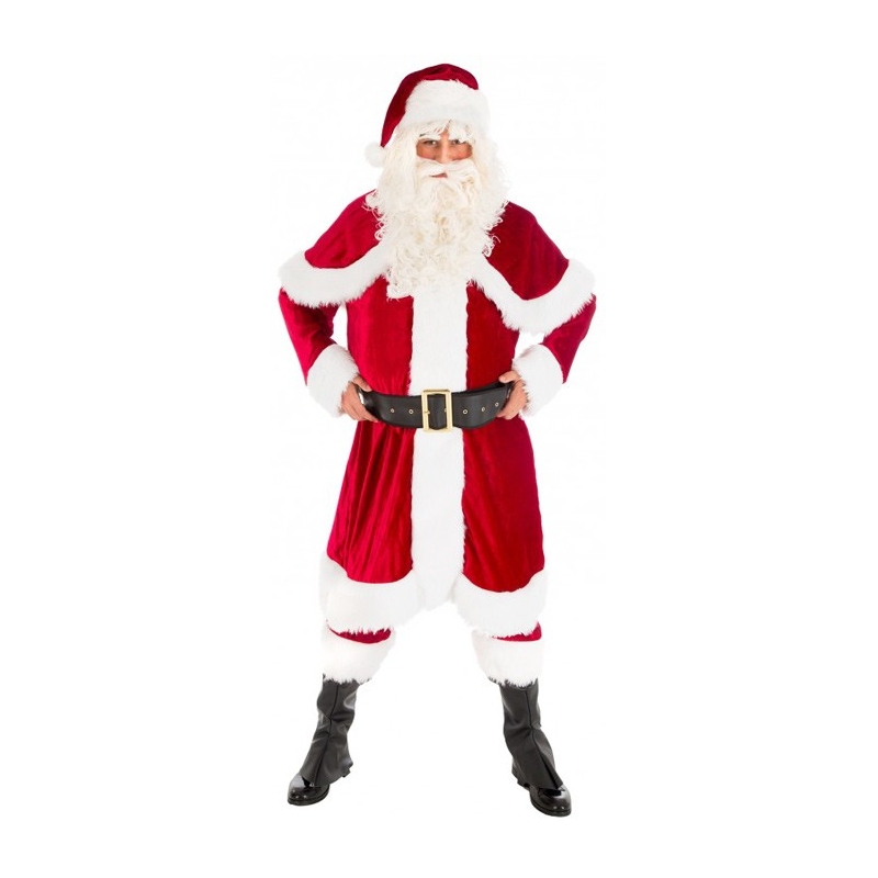 Costume de Père Noël de qualité avec long manteau à capuche, pantalon, ceinture, bonnet et surbottes