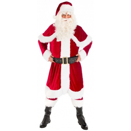 Costume de Père Noël de qualité avec long manteau à capuche, pantalon, ceinture, bonnet et surbottes