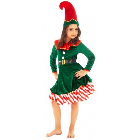 Déguisement de lutin de noël pour fille de 3 à 10 ans, robe avec ceinture et chapeau Déguisement de lutin de noël pour fille de 3 à 10 ans, robe avec ceinture et chapeau