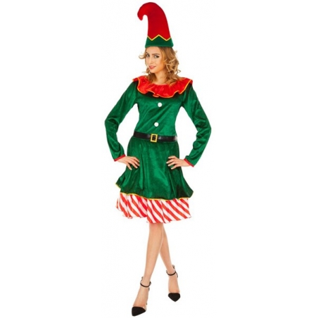 Déguisement de lutin de noël femme avec robe et bonnet, incarnez un personnage féerique à l'occasion des fêtes de noël 