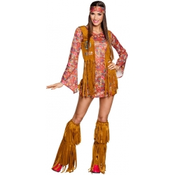 déguisement hippie pour femme avec robe, gilet, bandeau et guêtres