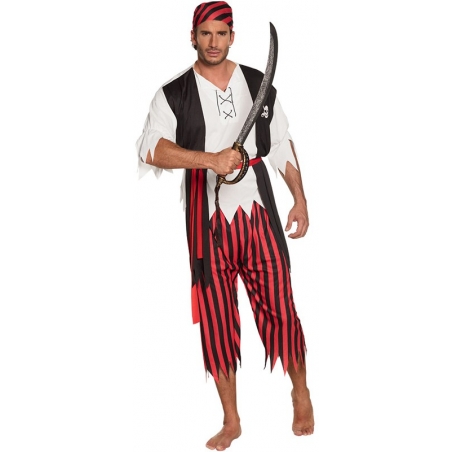 Déguisement de pirate corsaire pour homme avec bandana, chemise avec gilet, ceinture et pantalon