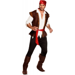 Déguisement homme pirate avec bandeau, chemise, gilet, ceinture, pantalon, surbottes