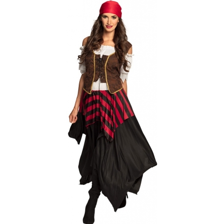 Déguisement de pirate pour femme longue robe noire avec boléro et bandeau