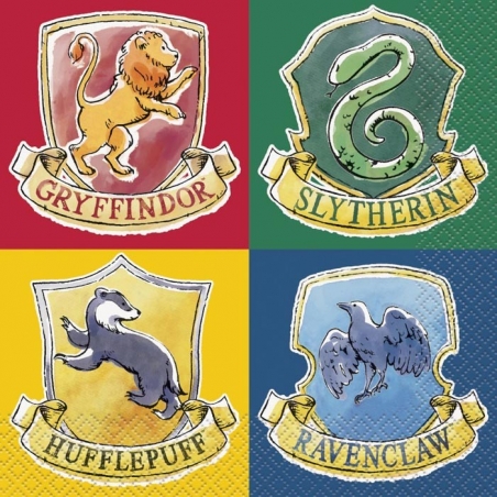 Serviette Harry Potter en papier avec le blason des 4 maisons de Poudlard, lot de 16 serviettes de 33 x 33 cm