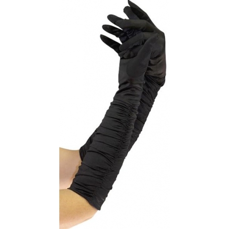 Paire de longs gants noirs plissés d'environ 43 cm idéale pour accessoiriser votre tenue charleston des années 30