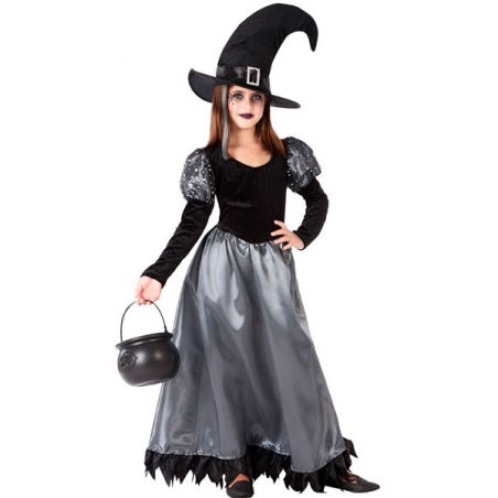 déguisement de sorcière pour fille noire et argent avec robe et chapeau