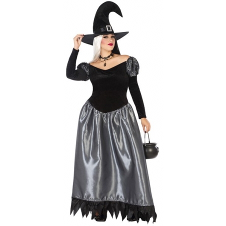 Déguisement de sorcière grande taille pour femme, longue robe avec chapeau