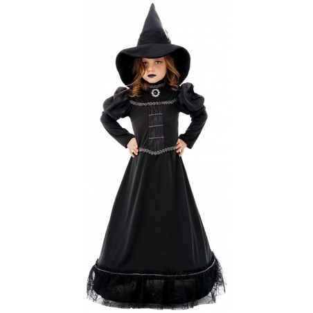 Déguisement de sorcière magie noire pour fille avec robe et chapeau