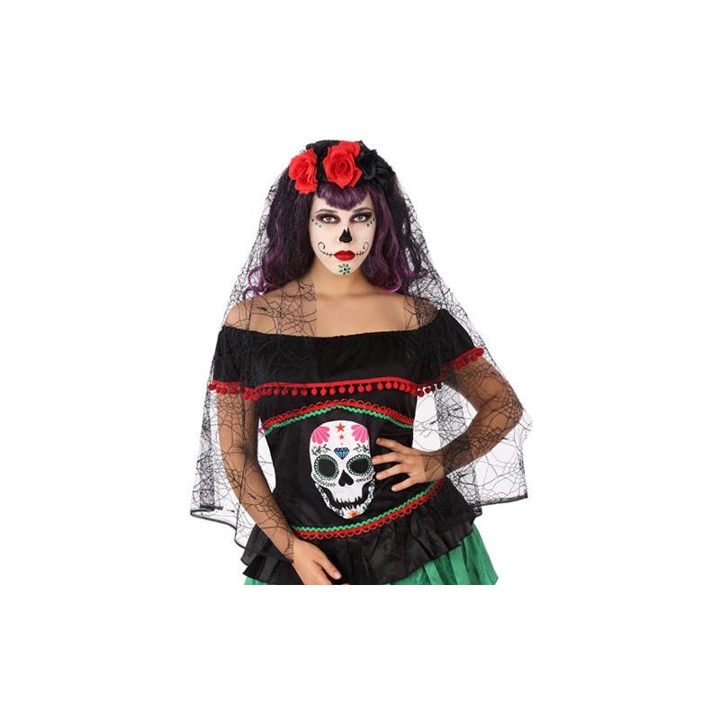 Diadème mexicain halloween avec roses et voile