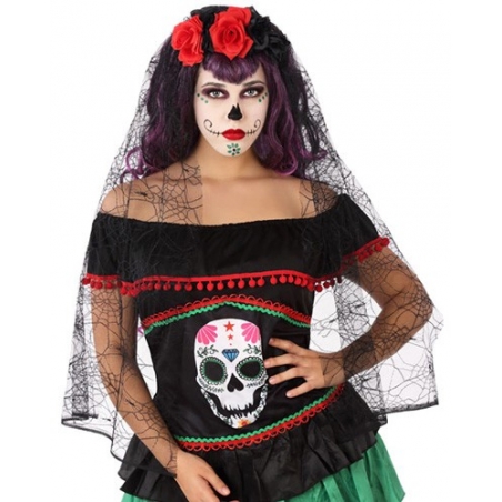 Diadème mexicain halloween avec roses et voile